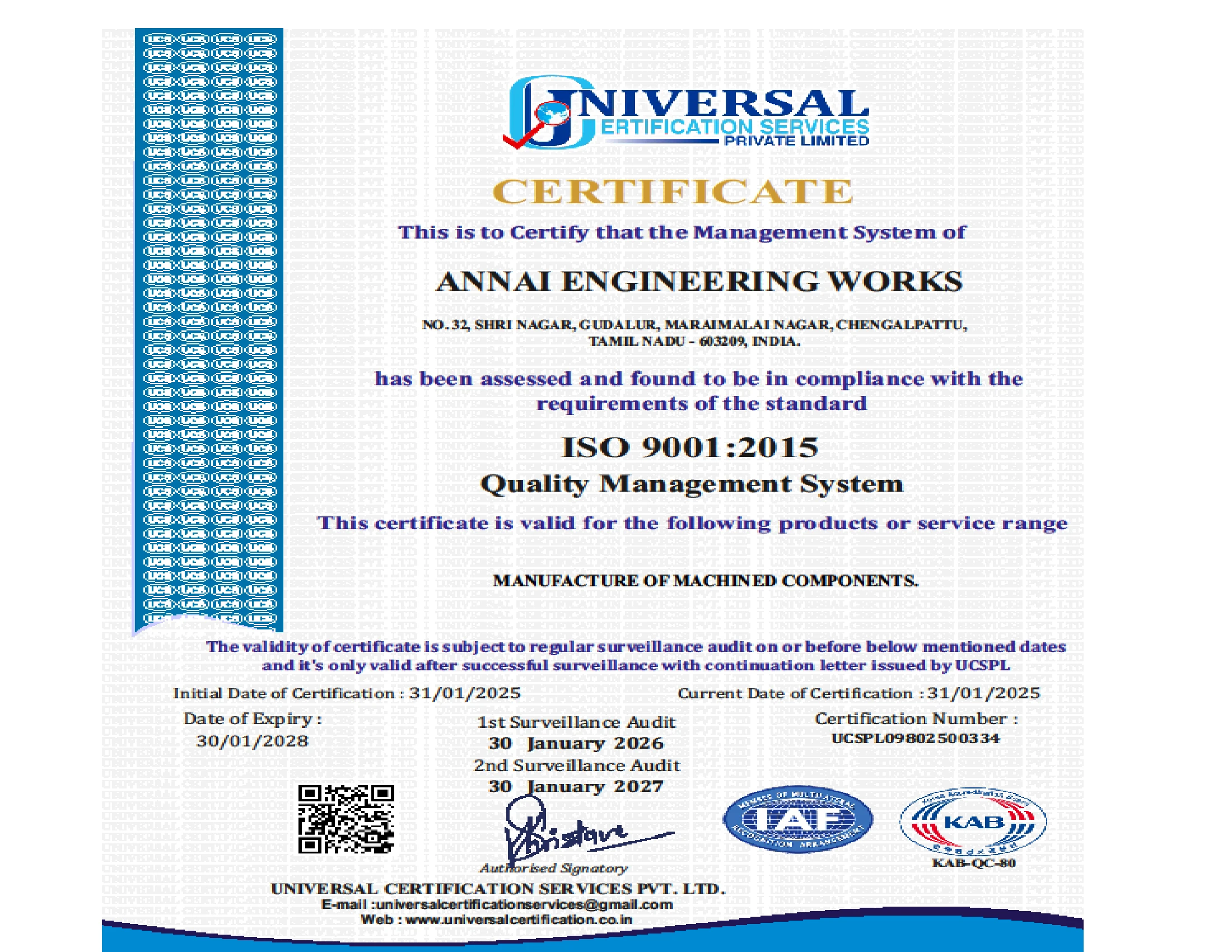 ISO 9001:2015 Certificate for Annai Engineering Works